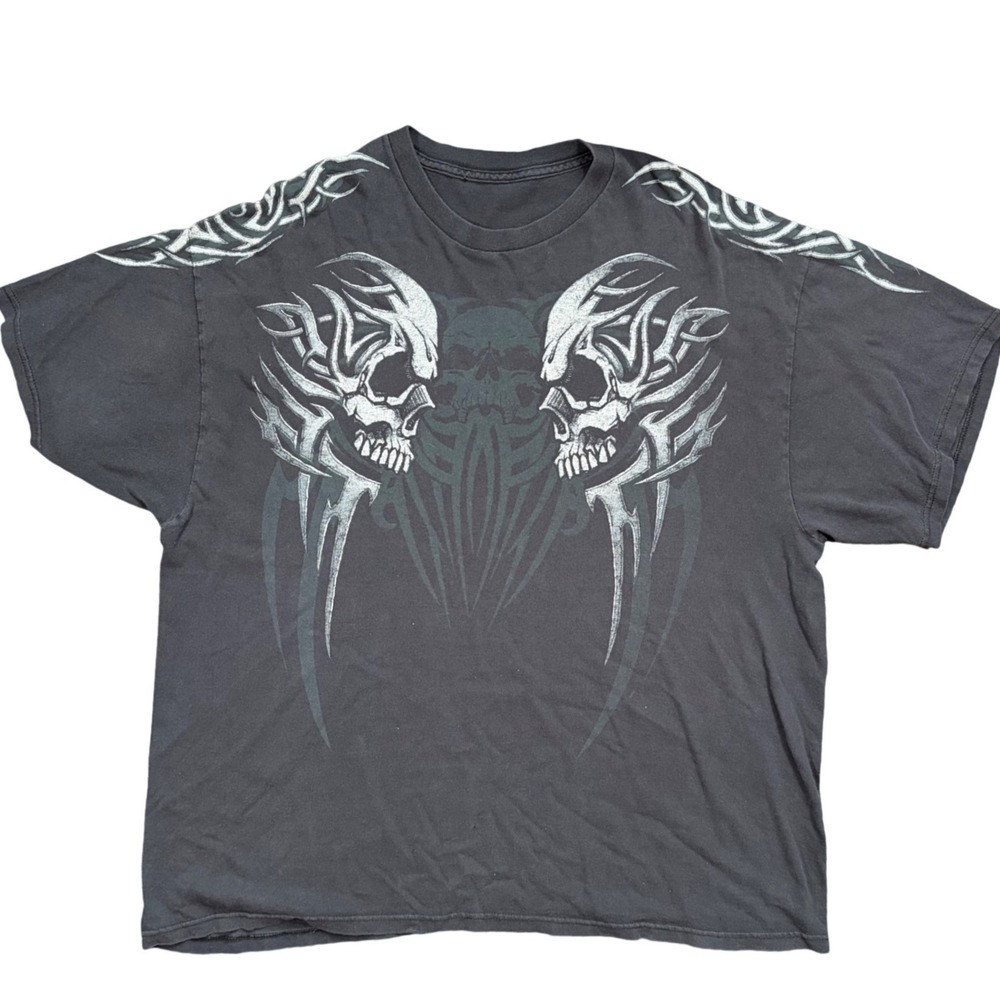 Mens Gothic Skull Graphic T-Shirt Black Grey Y2K Biker Streetwear Tee Large